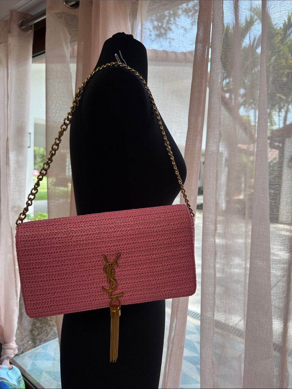 Pink Woven Gold Tassel Chain Shoulder Bag- YSL inspo